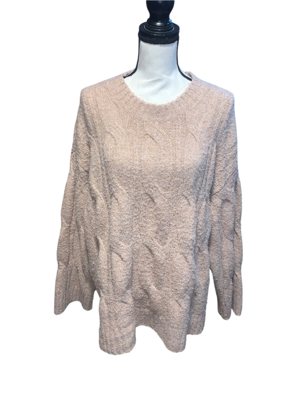 American Eagle Outfitters Beige Pink Fuzzy Cable Knit Sweater Flare Sleeves